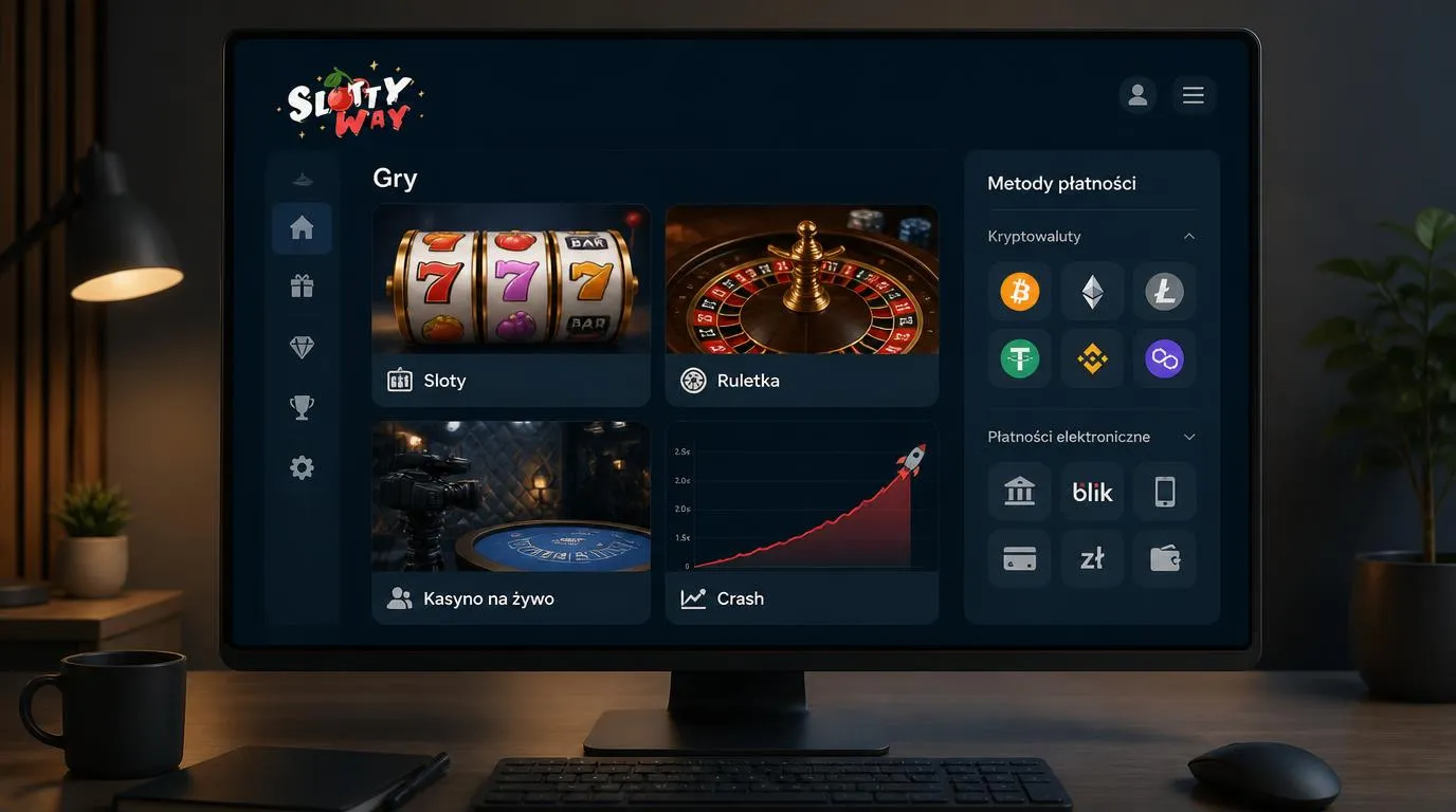 Koncepcyjny panel kasyna z automatami, grami na żywo, grami crash oraz wyborem metod płatności