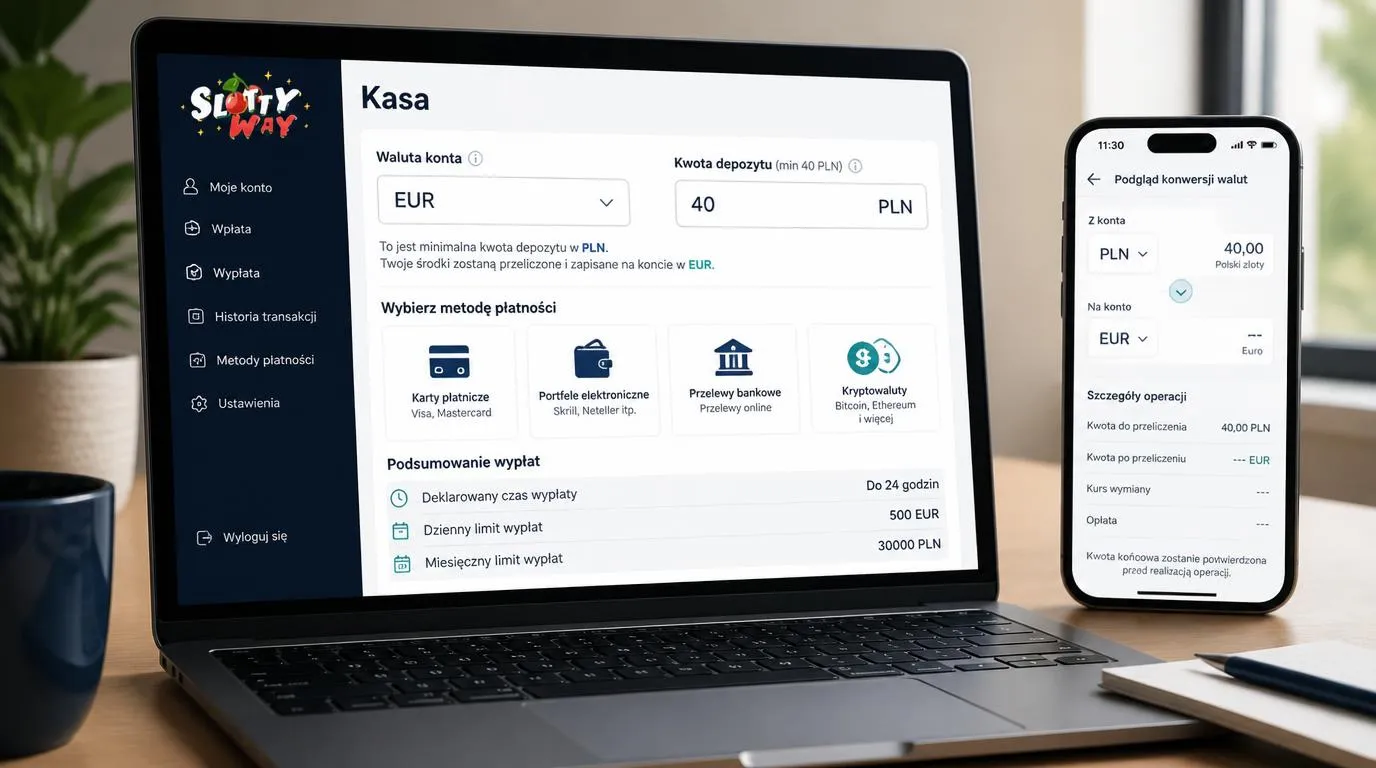 Panel kasy z wyborem waluty EUR, metodami płatności i podsumowaniem wpłaty oraz limitów wypłat