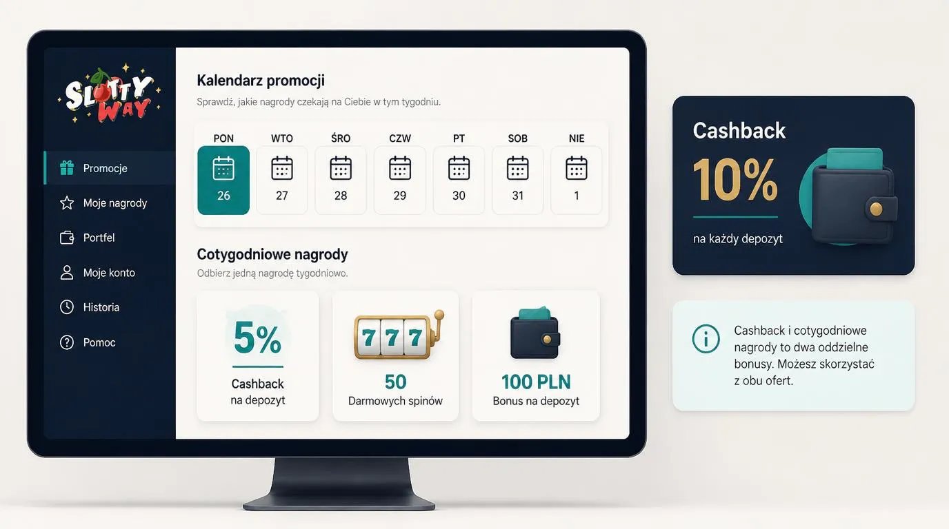 Panel nagród kasynowych z kalendarzem, poniedziałkowym cashbackiem i kartami cotygodniowych bonusów